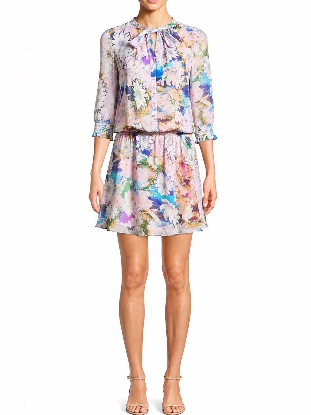 Nicole Miller Collection 100% Silk Floral Tie Neck Mini Dress Petite XS Ethereal